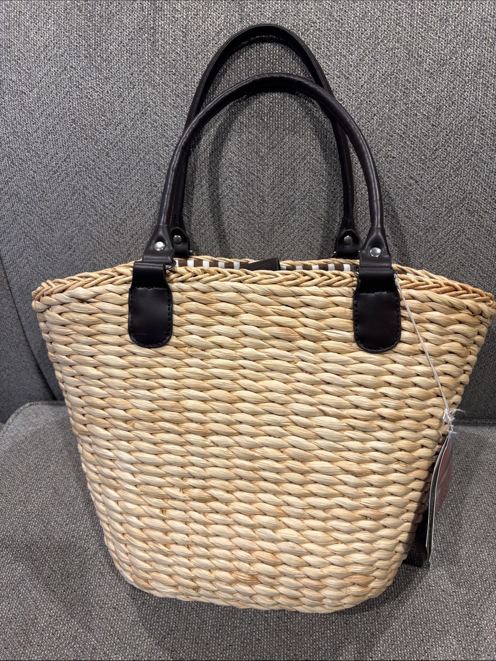 Borghese straw jute Natural Woven Tote with Dark Brown Handles